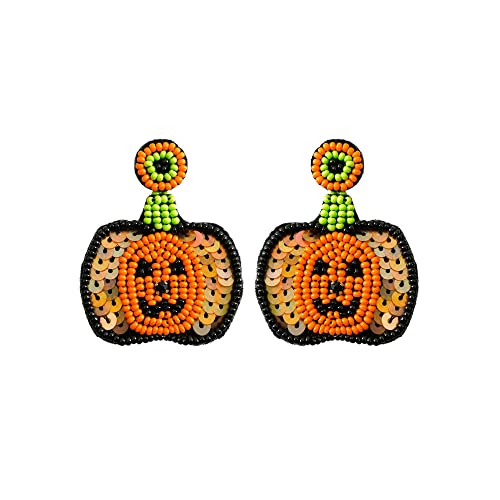 Handgefertigte Geometrische Reisperlen-Ohrringe – Halloween-Kürbis, Handgefertigte Perlen-Quastenohrringe Für Mädchen, Geometrische Rocailles-Quaste Im Boho-Stil, Orange, 5,5 Cm X 4 Cm von JEDTAKCT