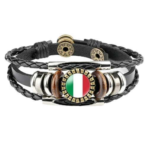 Italien Snap-Leder-Flaggen-Armband – Mehrschichtiges Handgefertigtes Geflochtenes Armband Mit Zeitjuwel, Personalisiertes Verstellbares Vintage-Armband Für Damen, Schmuck, Paar-Geschenke, Schwarz, von JEDTAKCT