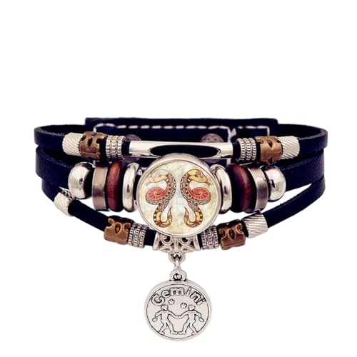 JEDTAKCT 12 Sternzeichen-Anhänger-Armbänder – Leuchtendes 12 Sternbilder-Zeit-Edelstein-Armband, Mehrschichtiges Perlen-Lederarmband, Schmuck, Geschenk Für Männer Und Frauen, 17 Cm + 5 Cm von JEDTAKCT