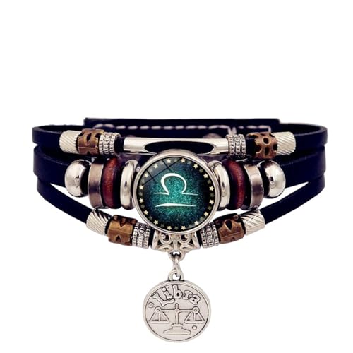 JEDTAKCT 12 Sternzeichen-Anhänger-Armbänder – Leuchtendes Sternbild-Charm-Armband, Handgefertigter Mehrschichtiger Perlen-Lederschmuck, Geschenke Für Männer Und Frauen, Geburtstag, 天秤座, 17 Cm + 5 Cm von JEDTAKCT