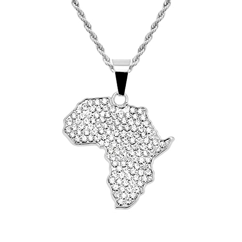 JEDTAKCT Afrika-Karte-Anhänger-Halskette, Umriss-Anhänger-Halsketten, Schmuck, Geschenke, Halskette, Ornament, Hip-Hop-Dekoration, Beliebte Karte Der Halskette Für Männer Und Frauen, Weiß, 50 Cm von JEDTAKCT