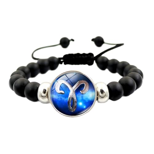 JEDTAKCT Blaues Sternzeichen-Zeit-Edelstein-Paar-Armband – Schwarze Perlen, Verstellbares Kordelzug-Armband, Modischer, Trendiger Sternbild-Schmuck, Geschenk Für Männer Und Frauen, 白羊座, 17 Cm + 5 Cm von JEDTAKCT