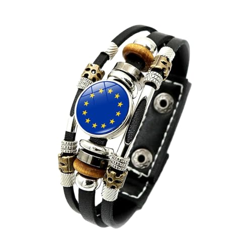 JEDTAKCT Europäische Union Flagge Verstellbares Mehrschichtiges Armband Lederarmband Zubehör Geschenk Trendige Lässige Punk Vintage Perlen Paar Geschenke Für Frauen Und Männer, Schwarz, Einheitsgröße von JEDTAKCT