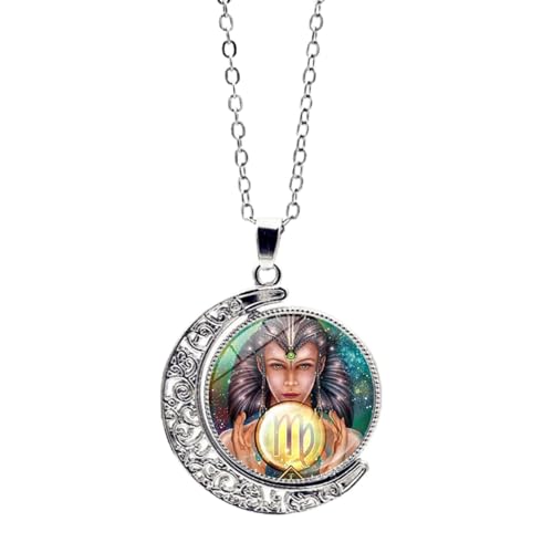 JEDTAKCT Jungfrau 12 Sternbild Halskette Sternzeichen - Rotierende Mond Anhänger Halskette Pullover Kette Für Frauen, Kreuzkette Sternzeichen Konstellationen Charm Schmuck, Jungfrau, 45 + 5 Cm von JEDTAKCT