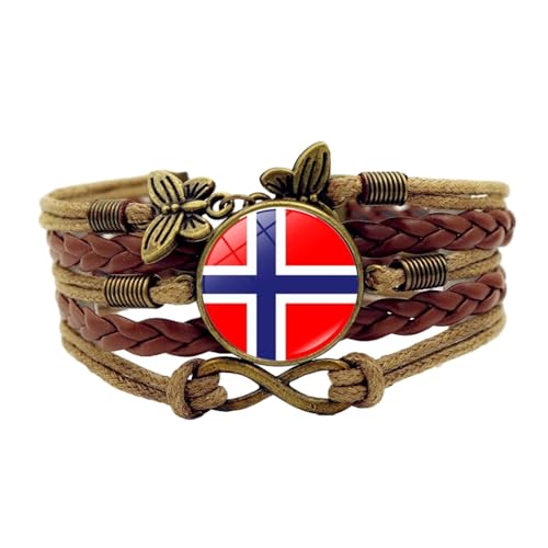 JEDTAKCT Norwegen-Mehrschicht-Lederarmband – Nationalflaggen-Zeit-Edelstein-Armband, Vintage-Schmetterlingssymbol, Handgefertigtes Geflochtenes Armband, Patriotischer Schmuck, Braun, Einheitsgröße von JEDTAKCT