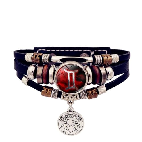 JEDTAKCT Rotes Sternzeichen-Sternbild-Leuchtarmband – Vintage-Handgefertigtes Mehrschichtiges Perlen-Lederarmband, Schmuck, Modische Anhänger-Armbänder Für Männer Und Frauen, 17 Cm + 5 Cm von JEDTAKCT