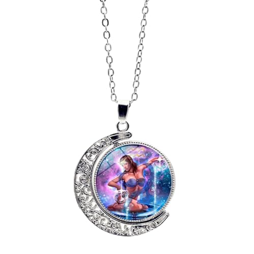 JEDTAKCT Wassermann 12 Sternbild-Halskette Sternzeichen - Rotierende Mond-Anhänger-Halskette Pullover-Kette Für Frauen, Kreuzkette Sternzeichen-Charm-Schmuck, Wassermann, 45 + 5 Cm von JEDTAKCT