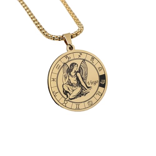 Jungfrau Sternzeichen Anhänger Halskette Für Frauen - Münzscheibe Anhänger Hip Hop Kreativer Halskettenschmuck, Runde Karte Sternzeichen Konstellationen Mit Verstellbarer Kette, Jungfrau, 60+3Cm von JEDTAKCT
