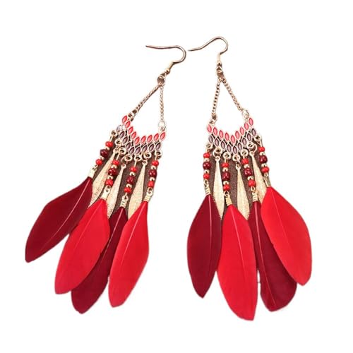 Lange Feder-Quasten-Ohrringe – Quasten-Boho-Bunte Feder-Ohrringe, Quasten-Ohrringe, Boho-Strand-Kette, Quasten-Ohrringe, Damen-Ohrringe, Party-Schmuck, Rot, 10 Cm X 3 Cm von JEDTAKCT