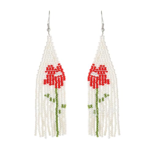 Lange Perlen-Ohrringe Für Damen – Böhmische Perlen-Pflanzen-Blumen-Ohrringe, Sommer-Übertriebene Quasten-Ohrringe, Schmuck, Geschenke, Anhänger Für Hochzeitsfeier, Rot, Einheitsgröße von JEDTAKCT