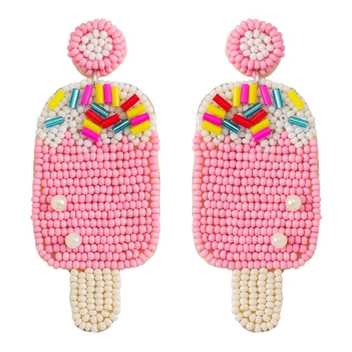 Lange Perlen-Quastenohrringe – Bunte Eiscreme-Perlenohrringe Für Damen, Handgefertigte Rocailles-Statement-Tropfenohrringe, Bunte Perlenohrringe, Rosa, 7,8 Cm X 3 Cm von JEDTAKCT