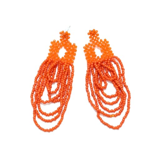 Lange Perlenquastenohrringe – Handgemachte Einfarbige Quastenohrringe Im Böhmischen Ethno-Stil, Handgewebte Reisperlenohrringe, Handgewebte Reisperlenohrringe Im Ethnischen Stil, Orange, 9 Cm × 2, von JEDTAKCT