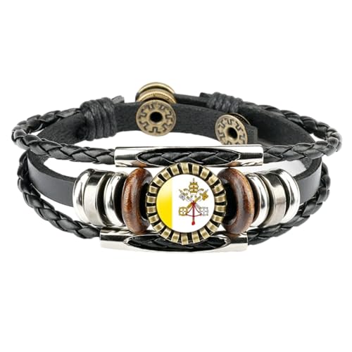 Lederarmband Mit Vatikan-Flagge – Mehrschichtiges Geflochtenes Zeit-Edelstein-Armband, Personalisiertes Verstellbares Vintage-Armband, Schmuck Für Männer Und Frauen, Paare, Schwarz, Einheitsgröße von JEDTAKCT