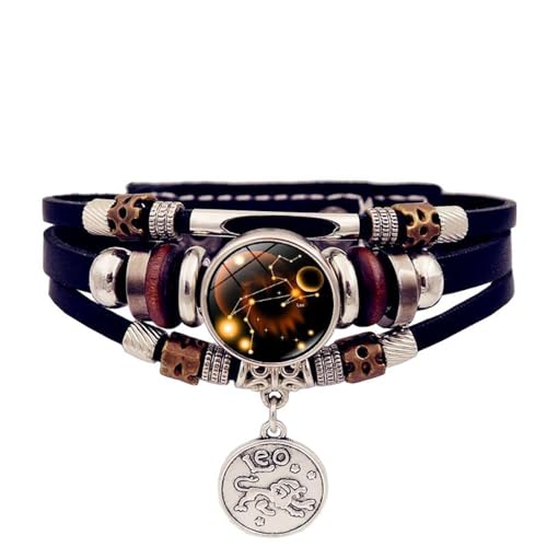 Leuchtendes Sternzeichen-Armband – Zeit-Edelstein-Vintage-Handgefertigtes Mehrschichtiges Perlen-Lederarmband, Personalisierte Armbänder Für Männer Und Frauen, Schmuckzubehör, 狮子座, 17 Cm + 5 Cm von JEDTAKCT