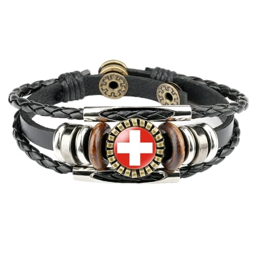 Mehrschichtiges Lederarmband Mit Schweizer Flagge – Geflochtenes Zeit-Edelstein-Armband, Patriotischer Schmuck, Modisches, Personalisiertes, Verstellbares Armband, Schmuck, Paargeschenke, Schwarz, von JEDTAKCT