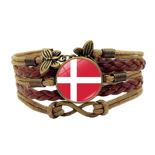 Mehrschichtiges Lederarmband Von Dänemark – Nationalflaggen-Zeit-Edelstein-Geflochtenes Armband-Schmuck, Vintage-Schmetterlingsflaggen-Armband, Verstellbarer Armreif, Punk-Schmuck, Braun, Einheits von JEDTAKCT