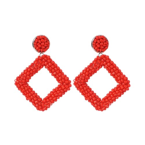 Perlen-Quasten-Ohrringe – Diamant-Geometrischer Bohemian-Stil, Runde, Quadratische Spleißen, Bequeme Und Sichere Reisperlen-Ohrringe, Ethnische Perlen-Quasten-Ohrringe, Rot, 5,5 Cm X 4 Cm von JEDTAKCT