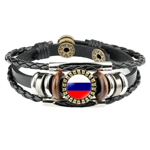 Russland Snap Leder-Flaggen-Armband – Time Gem, Mehrschichtiges Geflochtenes Lederarmband, Vintage-Punk-Stil, Verstellbares Armband, Handgefertigter Schmuck, Paar-Geschenke, Schwarz, Einheitsgröße von JEDTAKCT