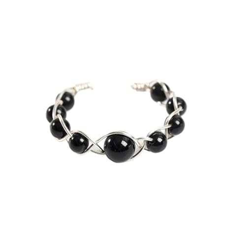 Verstellbare Natursteinringe Für Damen – Leichter, Luxuriöser Handgewebter Ring Aus Natürlichem Obsidian Mit Perlen, Eleganter Offener Ring Aus Halbedelsteinen, Partygeschenk, Schwarz B, Einhei von JEDTAKCT