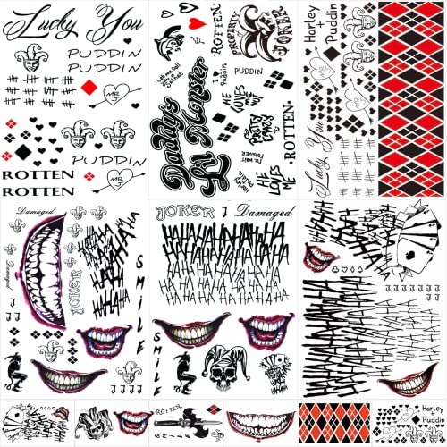 JEEFONNA 12 Blätter Tattoos für Suicide Squad Joker Harley Quinn Tattoo Aufkleber für Harley Quinn Perfekt für Halloween Kostüm Partyzubehör und Cosplay von JEEFONNA