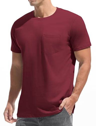 JEEGAL Herren T-Shirt 100% Baumwolle | Klassisches Rundhals-Shirt mit Brusttasche | Basic Kurzarmoberteil für Freizeit & Büro(Wine red M) von JEEGAL