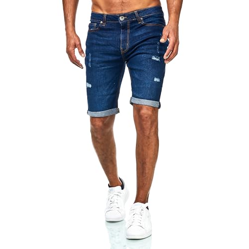 JEEL Herren Kurze Hosen - Slim-Fit Jeans-Shorts - 5-Pocket-Style - Stretch Herren-Shorts - Kurze Hose für Männer - Basic Washed Destroyed - 11-Navy - 32W von JEEL