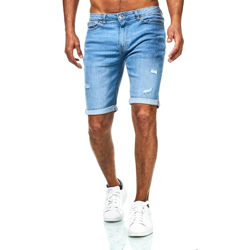 JEEL Herren Kurze Hosen - Slim-Fit Jeans-Shorts - 5-Pocket-Style - Stretch Herren-Shorts - Kurze Hose für Männer - Basic Washed Destroyed - 12-Hellblau - 36W von JEEL