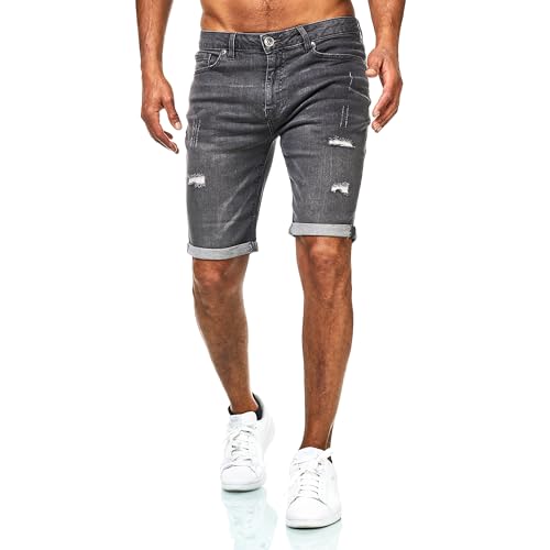 JEEL Herren Kurze Hosen - Slim-Fit Jeans-Shorts - 5-Pocket-Style - Stretch Herren-Shorts - Kurze Hose für Männer - Basic Washed Destroyed - 14-Grau - 32W von JEEL