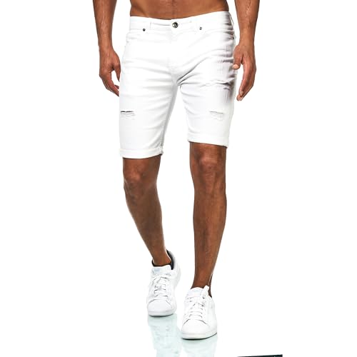 JEEL Herren Kurze Hosen - Slim-Fit Jeans-Shorts - 5-Pocket-Style - Stretch Herren-Shorts - Kurze Hose für Männer - Basic Washed Destroyed - 18-Weiß - 40W von JEEL
