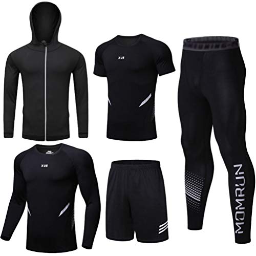 JEELINBORE 5 Stücke Sportbekleidung für Herren, Gym Funktionsshirt Trainingsset Atmungsaktive Sportjacke mit Kapuze - Stil # 4, L von JEELINBORE