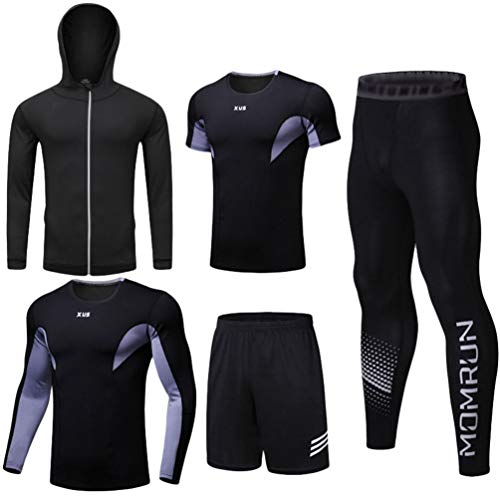 JEELINBORE 5 Stücke Sportbekleidung für Herren, Gym Funktionsshirt Trainingsset Atmungsaktive Sportjacke mit Kapuze - Stil # 5, L von JEELINBORE