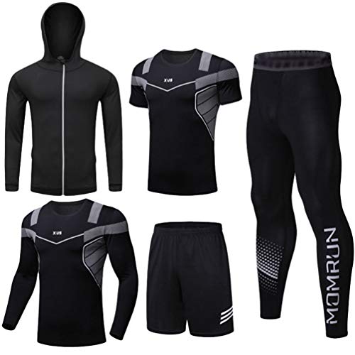 JEELINBORE 5 Stücke Sportbekleidung für Herren, Gym Funktionsshirt Trainingsset Atmungsaktive Sportjacke mit Kapuze - Stil # 6, 3XL von JEELINBORE