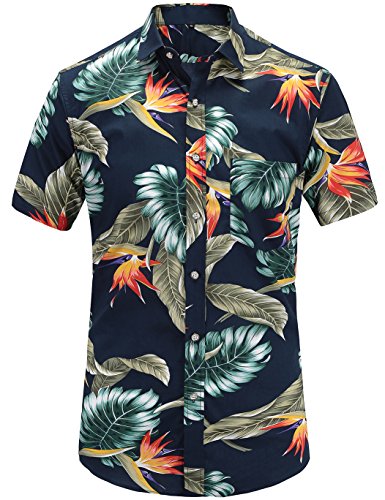 JEETOO Herren Ananas Shirts Hawaiian Style Hemd Drucken Urlaub Button Down Kurzarm Slim Fit Freizeit Hemd Sommer Casual in den Größen S-3XL (Large, Navy_3) von JEETOO