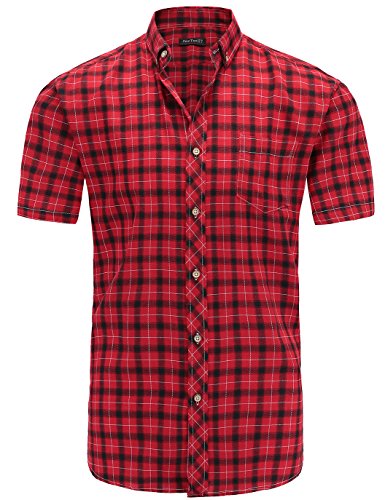 JEETOO Herren Kurzarm Kariert Trachtenhemden Kentkragen Regular Fit Freizeit Casual Hemd (Rot,2XL) von JEETOO