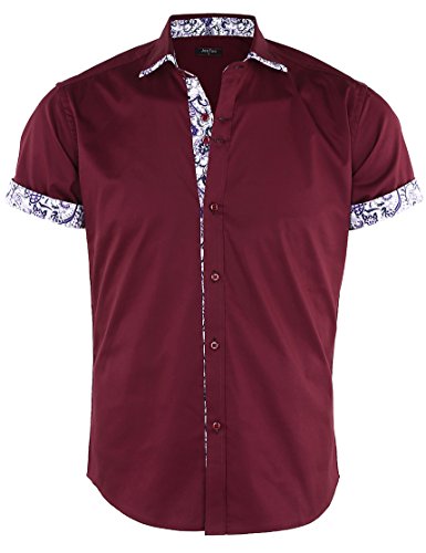 JEETOO Herren Kurzarmhemden Blumendruck Hemd Button Down Sommer Freizeithemd (Rotwein, S) von JEETOO