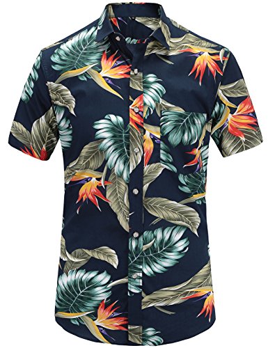 JEETOO Herren Sommer Regular Fit Kurzarm Shirts Segelschiff/Vogel/Blumen/Flamingos/Druck Freizeit Aloha Hawaii Hemd(Navy_3,2XL) von JEETOO