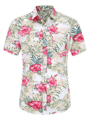 JEETOO Herren Sommer Regular Fit Kurzarm Shirts Segelschiff/Vogel/Blumen/Flamingos/Druck Freizeit Aloha Hawaii Hemd(Weiß772,2XL) von JEETOO