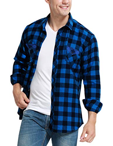 JEETOO Klassics Herren Slim Hemd Kariert Kentkragen Herbst/Winter Langarm Shirts Regular Fit Freizeit Karohemd Aus 100% Baumwolle(Blau Schwarz,XL) von JEETOO