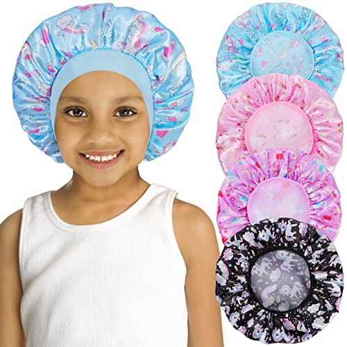 JEFFOUOO 4 Stück Kinder Satin Schlafmütze, Satin Bonnet Kids,Satin Haube Kinder,Atmungsaktive Schlafhaube Seide Kinder,Breites Band,Seidenhaube zum Schlafen für Mädchen,Kleinkinder (Einhörner) von JEFFOUOO