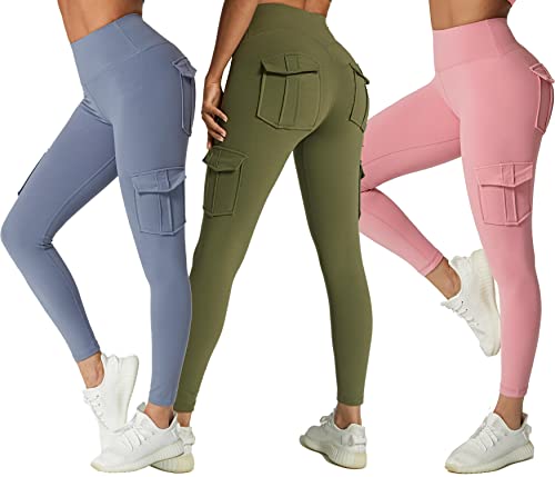 JEGGE Yoga-Leggings mit hoher Taille und 4 Taschen, Bauchkontrolle, Workout, Laufen, 4-Wege-Stretch, Cargo-Tasche, 3 Stück/Blau・grün・rosa, M von JEGGE