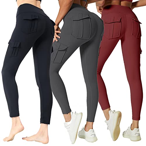 JEGGE Yoga-Leggings mit hoher Taille und 4 Taschen, Bauchkontrolle, Workout, Laufen, 4-Wege-Stretch, Cargo-Tasche, 3 Stück/Schwarz・grau・weinrot, Groß von JEGGE