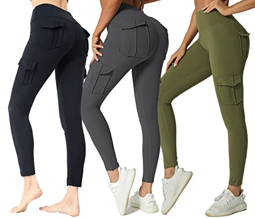 JEGGE Yoga-Leggings mit hoher Taille und 4 Taschen, Bauchkontrolle, Workout, Laufen, 4-Wege-Stretch, Cargo-Tasche, 3 Stück/Schwarz・grün・grau, S von JEGGE