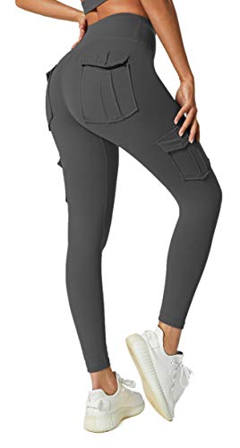 JEGGE Yoga-Leggings mit hoher Taille und 4 Taschen, Bauchkontrolle, Workout, Laufen, 4-Wege-Stretch, Cargo-Tasche, GRAU, M von JEGGE