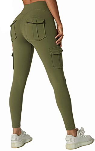 JEGGE Yoga-Leggings mit hoher Taille und 4 Taschen, Bauchkontrolle, Workout, Laufen, 4-Wege-Stretch, Cargo-Tasche, Grün , S von JEGGE