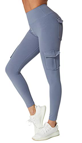 JEGGE Yoga-Leggings mit hoher Taille und 4 Taschen, Bauchkontrolle, Workout, Laufen, 4-Wege-Stretch-Cargotaschen-Leggings, Blau, M von JEGGE