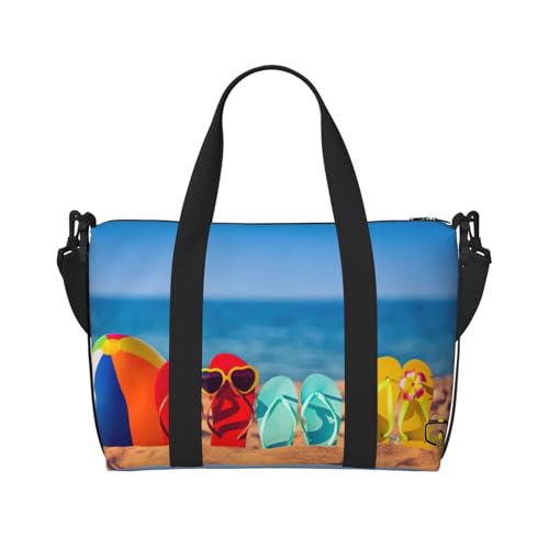 Flip-Flops On A Sandy Beach Print Reisetasche Weekender für Damen, leichte Handgepäcktasche, persönliche Gegenstände, Schwarz , Einheitsgröße von JEJEA