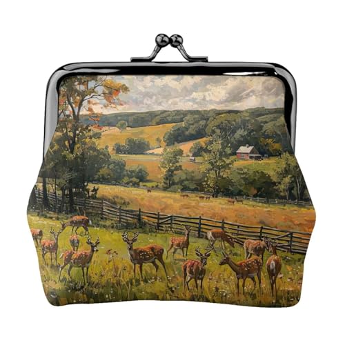 Geldbörse mit Bauernhof mit Hirschdruck, tragbare Münzgeldbörse aus Faserleder, Mini-Geldbörse für Damen, Schwarz , Einheitsgröße, Münztasche von JEJEA