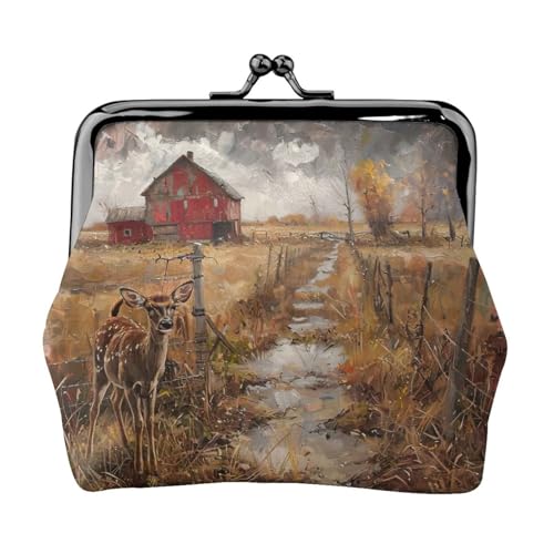 Geldbörse mit Bauernhof mit Hirschdruck, tragbare Münzgeldbörse aus Faserleder, Mini-Geldbörse für Damen, Schwarz , Einheitsgröße, Münztasche von JEJEA