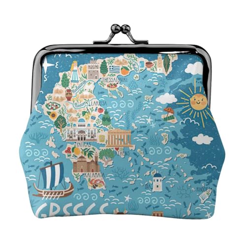 Geldbörse mit Griechenland-Karten-Druck, tragbare Münzgeldbörse aus Faserleder, Mini-Geldbörse für Damen, Schwarz , Einheitsgröße, Münztasche von JEJEA