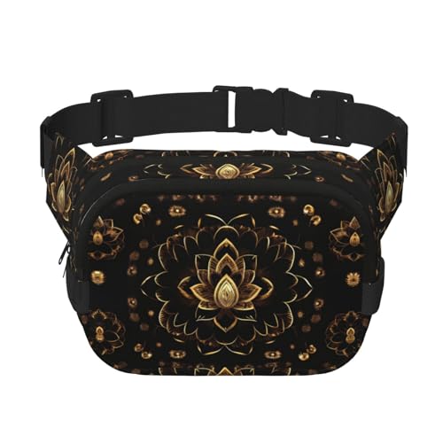 Gürteltasche für Damen, mit goldfarbenem Lotusblumen-Druck, verstellbarer Riemen, für Workout/Laufen/Wandern, Umhängetasche, Schwarz , Einheitsgröße von JEJEA